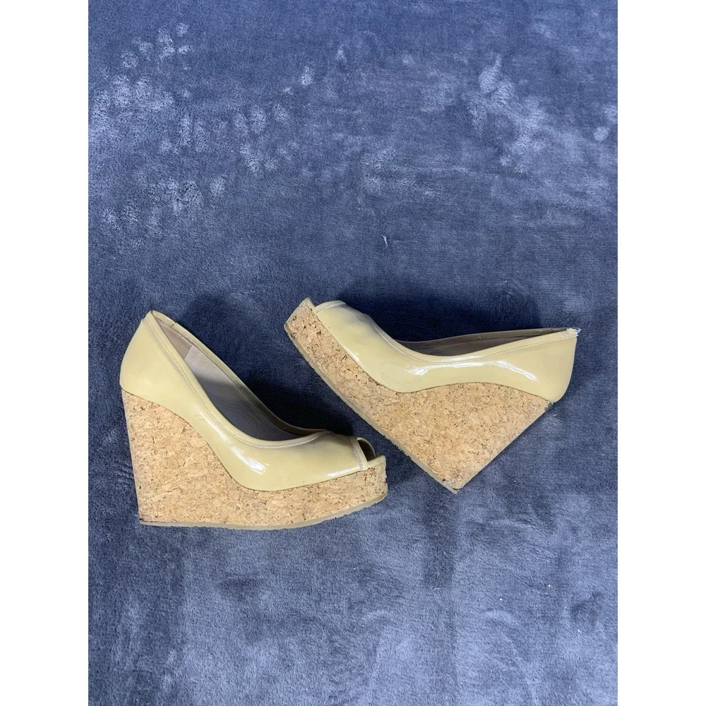 Jimmy Choo Size 37 1/2 Natural Papina Patent Leather and Cork Wedges $450